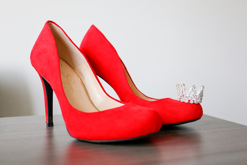 Red Suede High Heels with Crystal Crown Shoe Clip