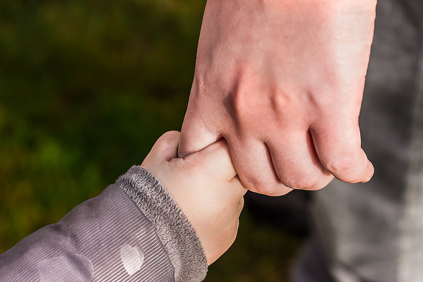 Close-up of Adult and Child Holding Hands Outdoors