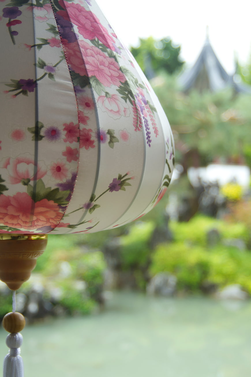 Close-up of Floral Asian Lantern in Garden