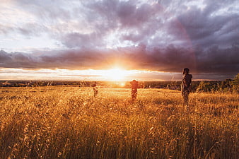 Silhouetted Friends in Golden Wheat Field at Sunset