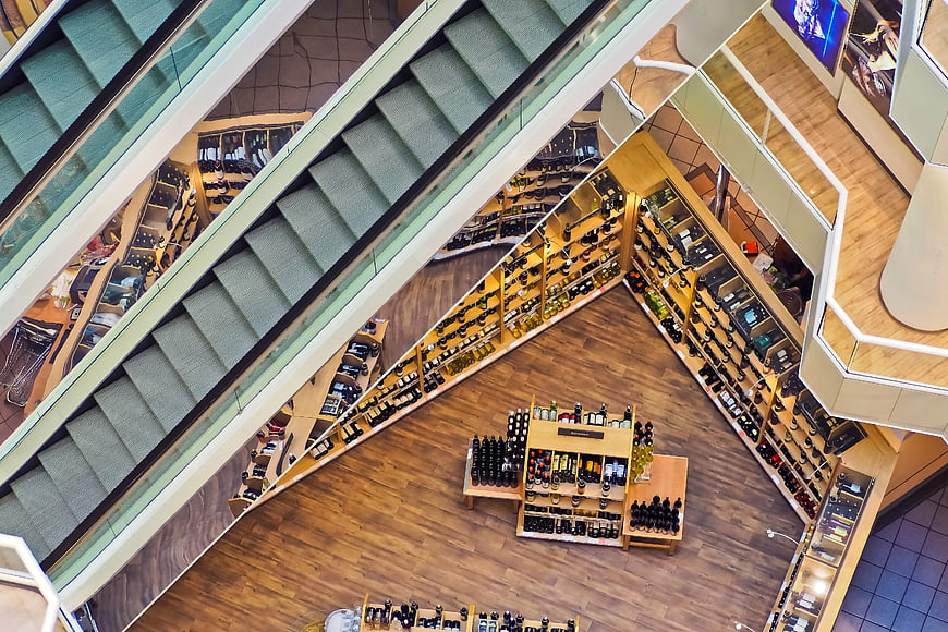 High angle view of wine shop under escalator