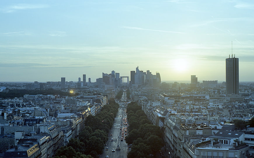 Vintage aerial view of Paris skyline with La Défense at sunset