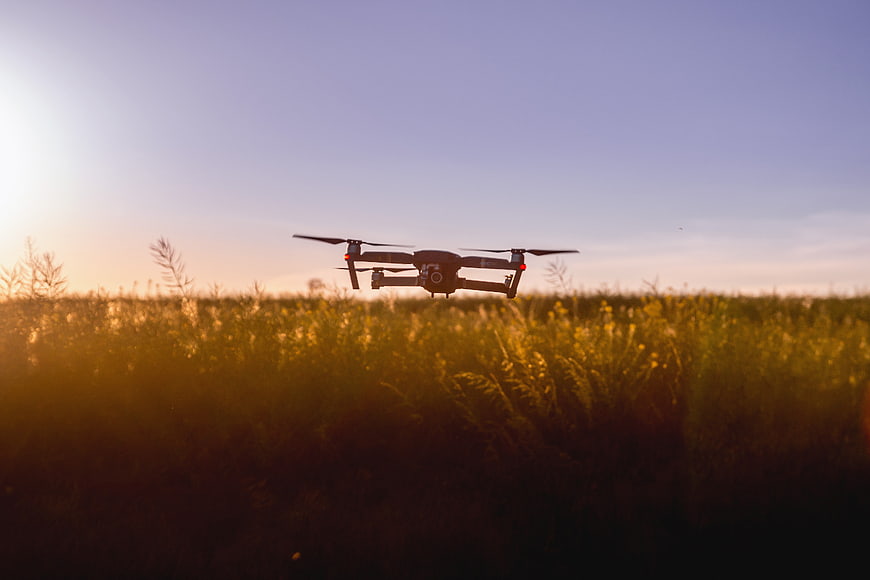 Drone Flying Over Golden Wheat Field at Sunset