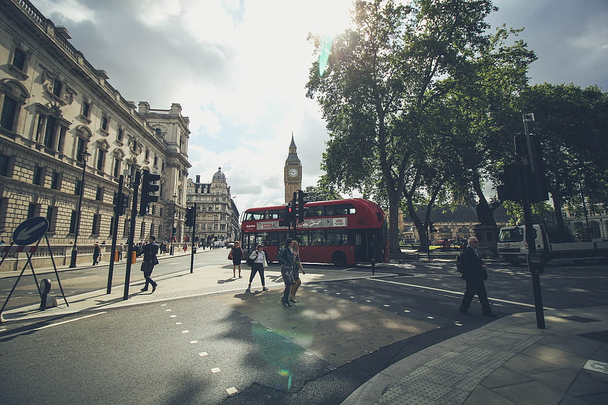 London street scene with Big Ben and red double-decker bus