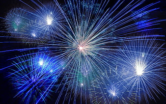 Blue and White Fireworks Exploding in Night Sky