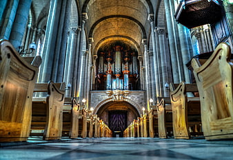 Low angle view of Valence Cathedral interior with pipe organ