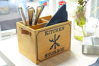Wooden Kitchen Cutlery Storage Box with Utensils