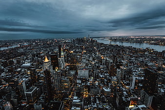 Aerial View of New York City Skyline at Dusk