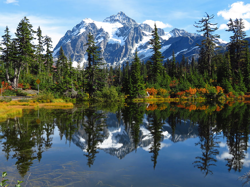 Snowy Mountain Peak Reflected in Calm Lake with Forest