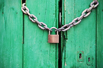 Rusty Chain and Brass Padlock on Green Wooden Door