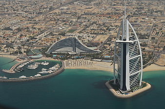 Aerial view of Burj Al Arab and Jumeirah Beach Hotel in Dubai